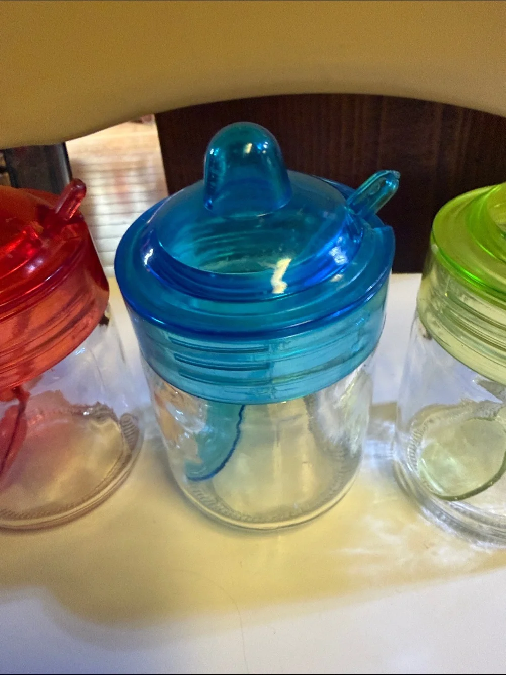 3 Clear Glass Spice/Condiment Jars with Bright Red, Blue, and Green Lids